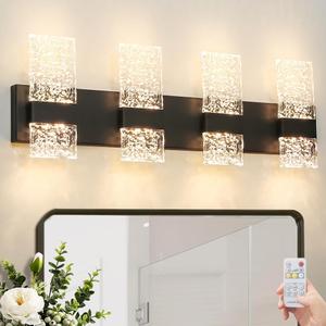 Modern Matte Black 4 Lights Bathroom Vanity Light, Eleglant LED Bathroom Light Fixtures Over Mirror, Dimmable Acrylic Shade Wall Lighting Fixtures, Hardwired Wall Light(H9.25in, L28.35in)