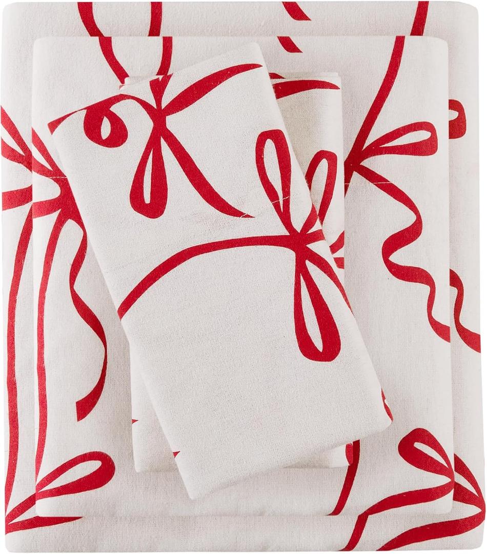 Comfort Spaces Cotton Flannel Sheets King Size, Ultra Soft Flannel Sheet Set with 14" Elastic Pocket, Novelty Print Warm Flannel Bedding, Red Bow 4 Piece