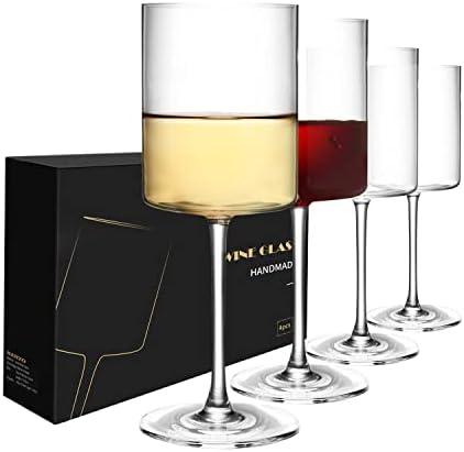 SANZO Square Wine Glasses Set 4, Wine Glasses 15oz, Elegant Design White Wine Glasses, Red Wine Glasses Set for Home Bar Party (3pcs)