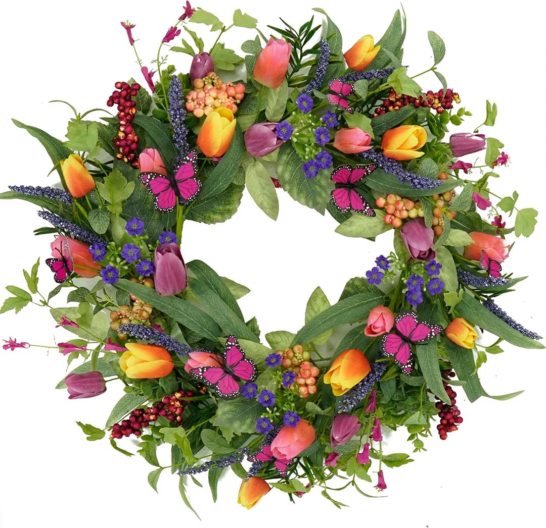22 inch Spring Summer Wreath Tulip Wreath for Front Door with Purple Tassels, Eucalyptus Leaves, Ferns, Butterflies for Indoor Outdoor Wall Festival Home Farmhouse Wedding Decor (Colorful Tulips)