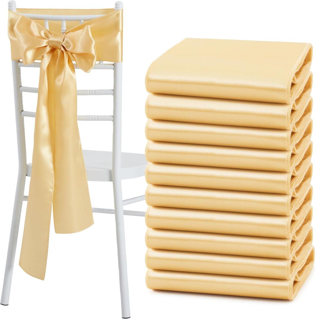 10 Pcs Gold Satin Chair Sashes Bows Universal Chair Cover for Wedding Reception Events Banquets Party, Hotel Event Decorations, 6 x 108 inch