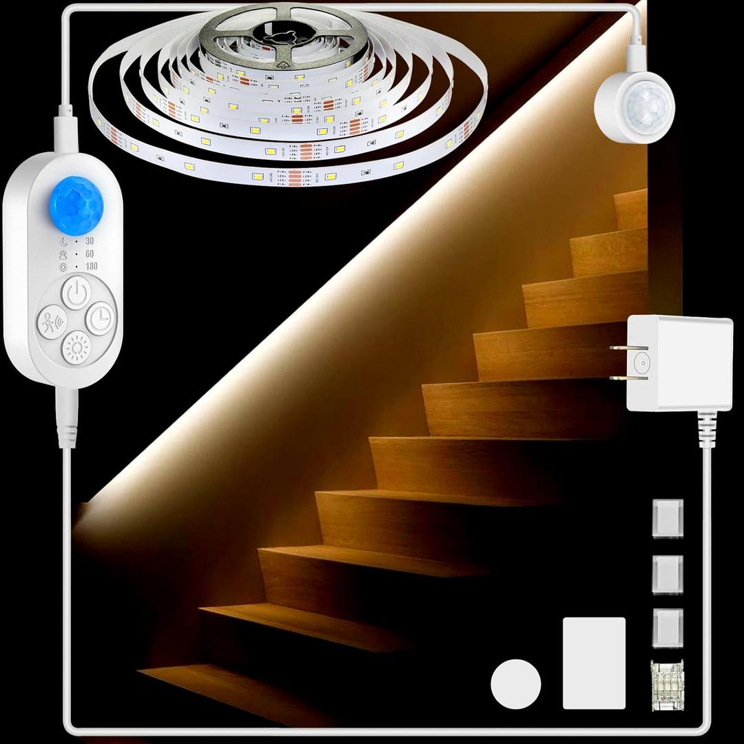 Dual Sensor Stair Lights Indoor, Motion Activated Plug-in Step Light Strip Indoor with Dimmer, Delay Timer for Stairway (Warm White 3000K (32.8FT Light Strip), Power Adapter (3.28FT Cable))