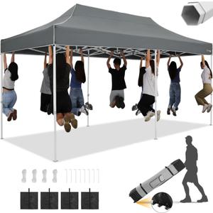 HOTEEL 10x20 Heavy Duty Pop Up Canopy Tent Outdoor Canopy Tents for Parties, Commercial Instant Waterproof Wedding Event Tent with Roller Bag, UV 50+Portable Shelter, Thick Hexagonal Legs, Grey (Gray)