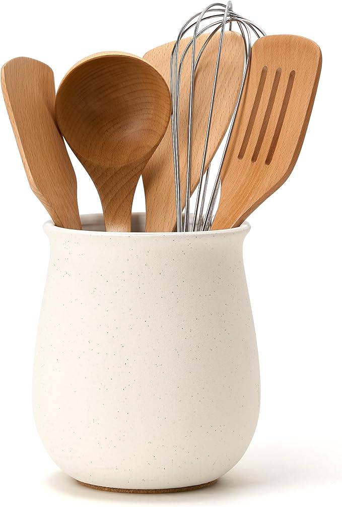 Jemirry Utensil Holder for Kitchen Counter, Modern Nordic Boho Style Cooking Utensil Holder and Crock Home Kitchen Decor, Ceramic Utensil Organizer for Spatula, Ladle, Eggbeater, Rolling Pin- White