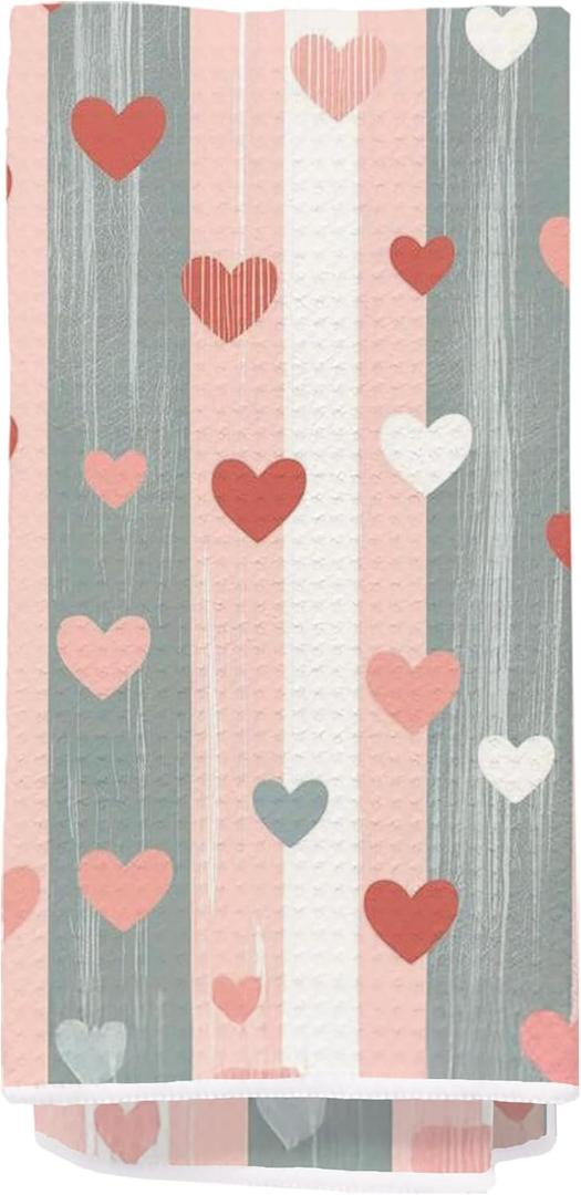 Decorative Hand Towel 16x24 Inches  Heart Pattern Stripe Kitchen Towel for Bathroom, Dish, Face, Holiday, Valentines Day & Gifts 601