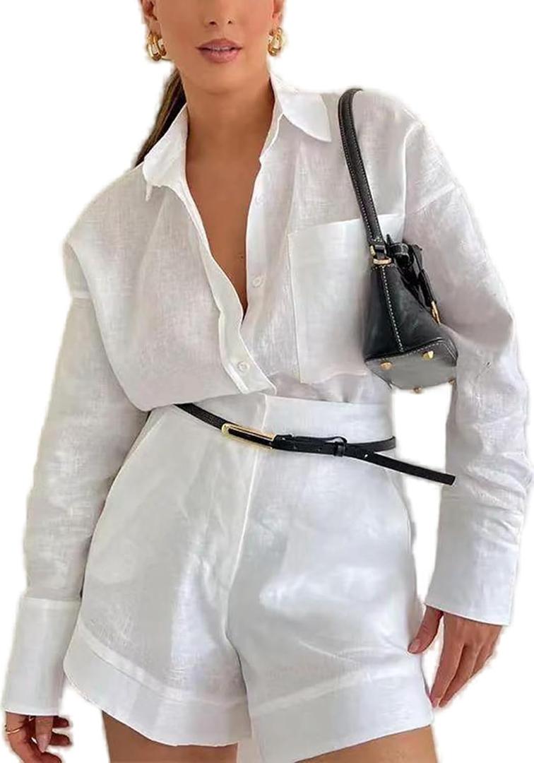 Geulis Womens 2 Piece Outfits Button down Shirts High Waisted Shorts Sets | Long Sleeve Tops,Collared Blouses,With Side Pockets,Lightweight Matching Set for Vacation,Brunch and Casual Wear (White, XXL)