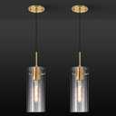 Gold Pendant Light Fixtures, 2 Pack Modern Pendant Lighting with Clear Striped Glass Shade, Hanging Pendant Lights Kitchen Island, Farmhouse Pendant Lighting for Dining Room Bedroom Bathroom
