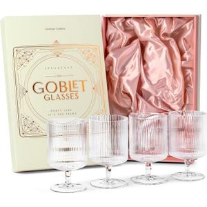 GLASSIQUE CADEAU Vintage Art Deco Ribbed Goblet Cocktail Glasses with Stem | Set of 4 | 10 oz Short Stemmed Crystal Tumblers for Drinking Classic Whiskey, Gin, Bar Drinks