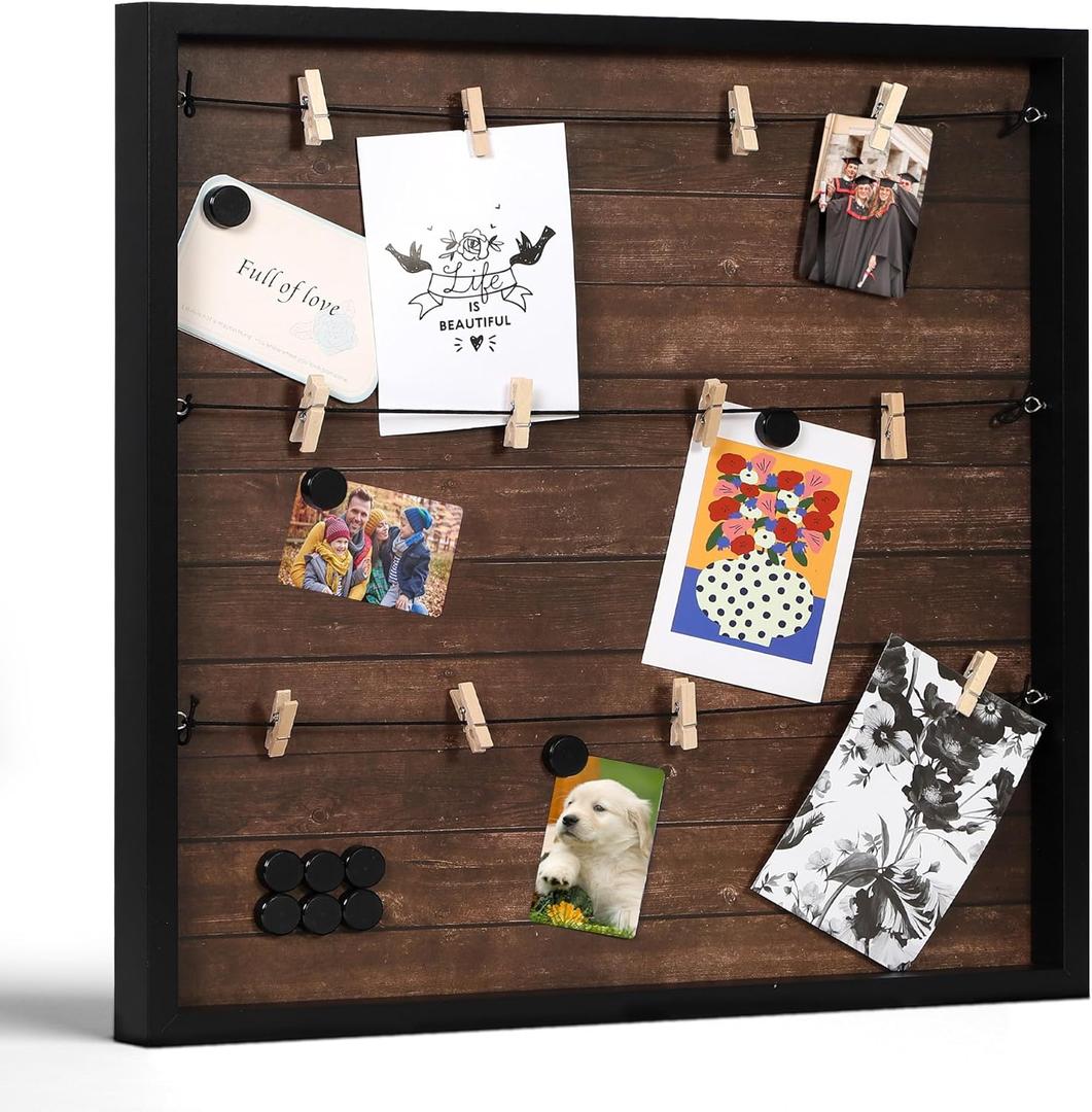 Houseables Picture Board, Photo Board, Photo Display, Picture Collage, Collage Frame, Polaroid Wall Display, Wall Decor, Memory, Postcard, Magnetic, Bulletin, Hanging with Clips, String, Bedroom, 20in (Dark Brown Rustic Wood)