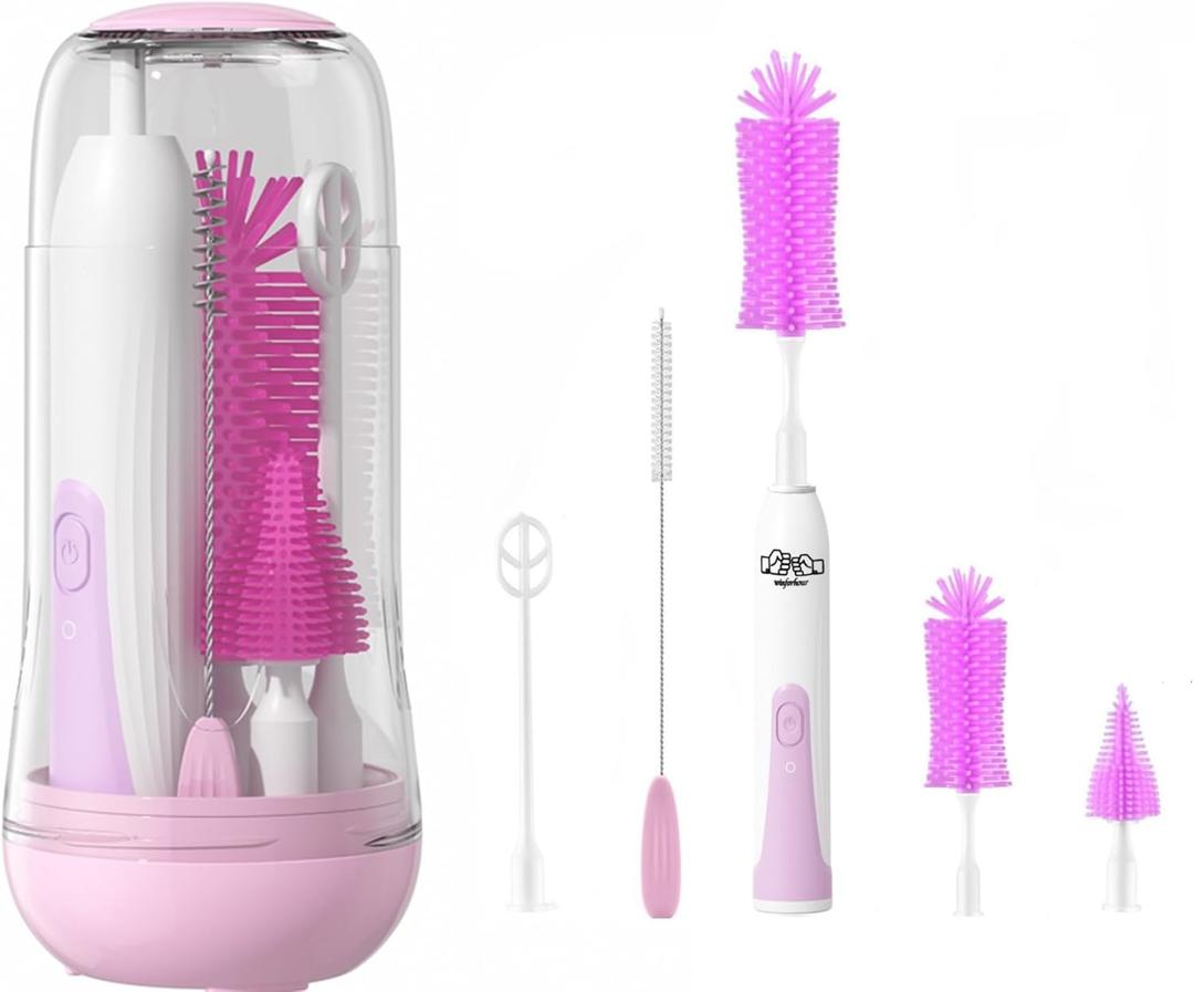 Travel Electric Baby Bottle Brush Set with Electric Bottle Cleaner and Water Bottle Brush and Nipple/Straw Brush,Milk Frother and Drying Rack(Purple)