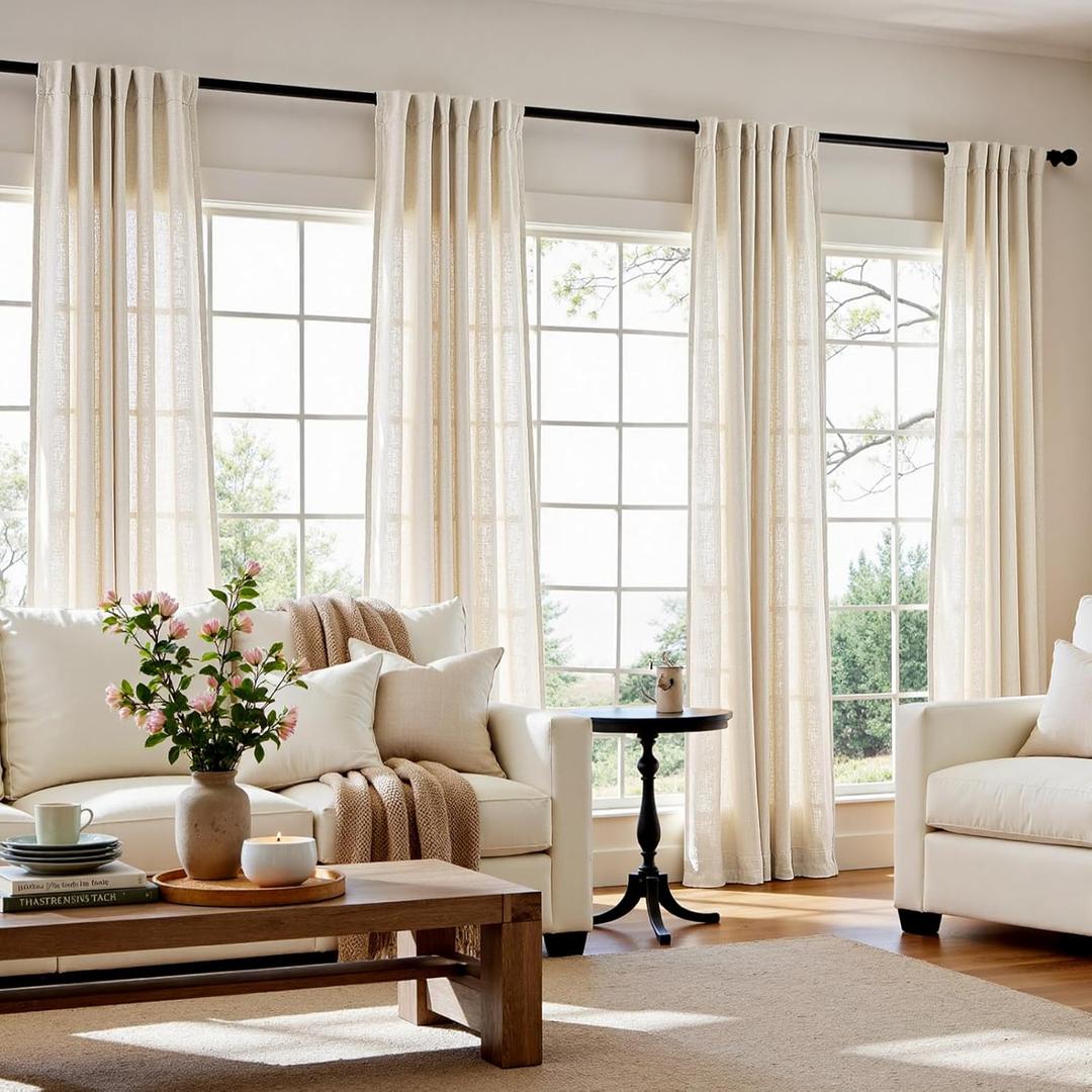 jinchan Ecru Linen Blend Curtains 96 Inches Length for Living Room Farmhouse Rod Pocket Back Tab Light Light Filtering Lightweight Curtains for Bedroom Ivory Drapes 4 Panels