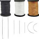 Topus Extra Strong Upholstery Repair Sewing Thread Kit and Heavy Duty Household Hand Needles, Including 7 Styles of Leather Canvas Sewing Needles and 3 Rolls Nylon Thread (70 Yard Per Roll), 3 Colors (Multicolored)
