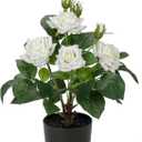 Hollyone Artificial Plants & Flowers with Vase White Roses Artificial Flowers Potted Plant Faux Silk Flower with Black Pot Fake Rose Flower Arrangement Home Decor Table Desk Decorations 15 Inch