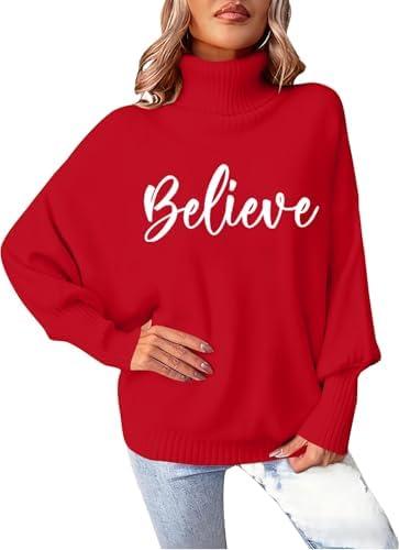 Christmas Sweaters for Women Merry Sweater: Oversized Turtleneck Sweaters 2025 Long Batwing Sleeve  Pullover Tops M