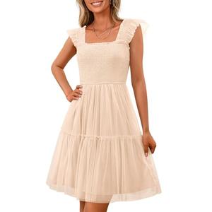PRETTYGARDEN Womens 2025 Trendy Mini Summer Dresses Sleeveless Tulle Ruffle Square Neck Tiered Smocked Beach Vacation Dress (Apricot,Small)