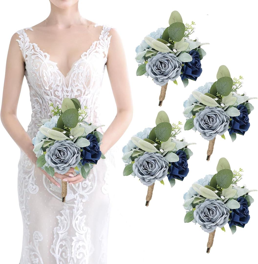 Artificial Bridesmaid Bouquets - Set of 4 Silk Rose Flowers Bouquet Wedding Rustic Small Floral Centerpieces for Marriage Proposal Party Anniversary Dining Table Decorations - Blue,7 Inch
