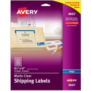 Avery Full Sheet Printable Shipping Labels, 8.5" x 11", Matte Clear, Inkjet, Create Custom Labels Using Scissors or Electronic Cutting Machines, 25 Total (8665)