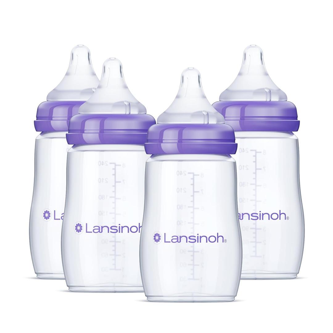 Lansinoh Anti-Colic Baby Bottles, BPA-Free Plastic, 8 Ounces, 4 Count, Medium Flow Nipples (Size M), Breastfeeding Bottle with Natural Wave Design