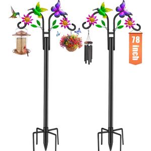 Double Shepherds Hooks for Outdoor, 78 Inch Artistic Hummingbird & Flower Design, 5 - Prong Base, Ideal for Bird Feeders, Baskets & Lanterns (2 Pack)