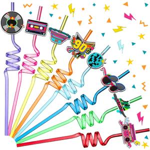 24 Pieces 90s Theme Straws 90's Rock Disco Party Supplies 1990's Retro Plastic Drinking Straws 90's Party Decorations for Birthday Disco Dancing Parties 8 Styles, 8 Colors