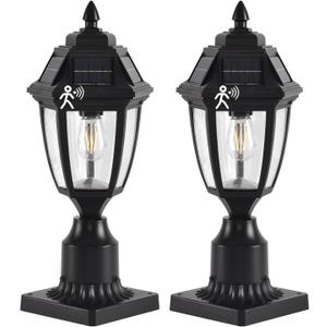 Solar Outdoor Post Lights 2 Pack, Dusk to Dawn Outdoor Column Light with Pier Mount Base, Black Exterior Solar Powered Pole Light for Outside Porch Yard Pathway Driveway
