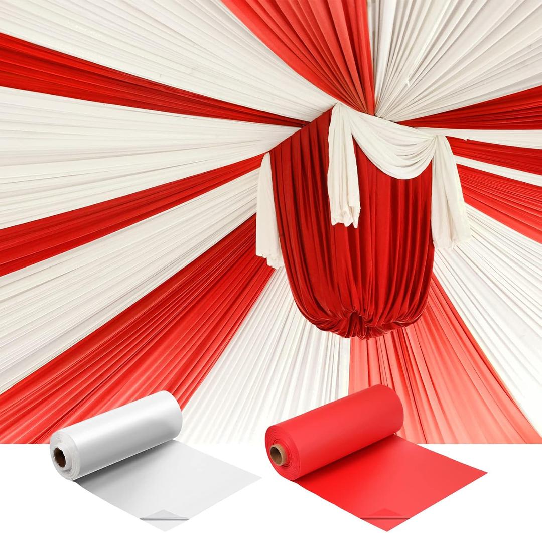 Moukeren 40'' x 100' Circus Tablecloth Roll Plastic Tablecloth Disposable DIY Carnival Tent Party Supplies for Big Top Tent Backdrop Curtains Ceiling Wall Drapes(White, Red,2 Roll)