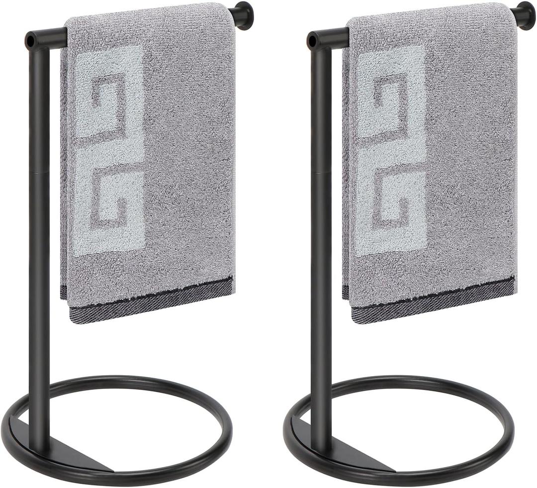 NearMoon Hand Towel Holder Stand, Thicken Metal L Shape Hand Towel Rack, Small Towel Ring, Stable Standing Towel Bar for Bathroom Kitchen Vanity Countertop, 8 L 14 H (Matte Black, 2 Pack)