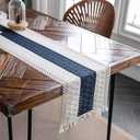 Macrame Table Runner Cream Beige and Blue Boho Table Runners with Tassels Hand Woven Cotton Table Runner Rustic Farmhouse Table Runners for Bohemian Kitchen Dining Table(12x95in)