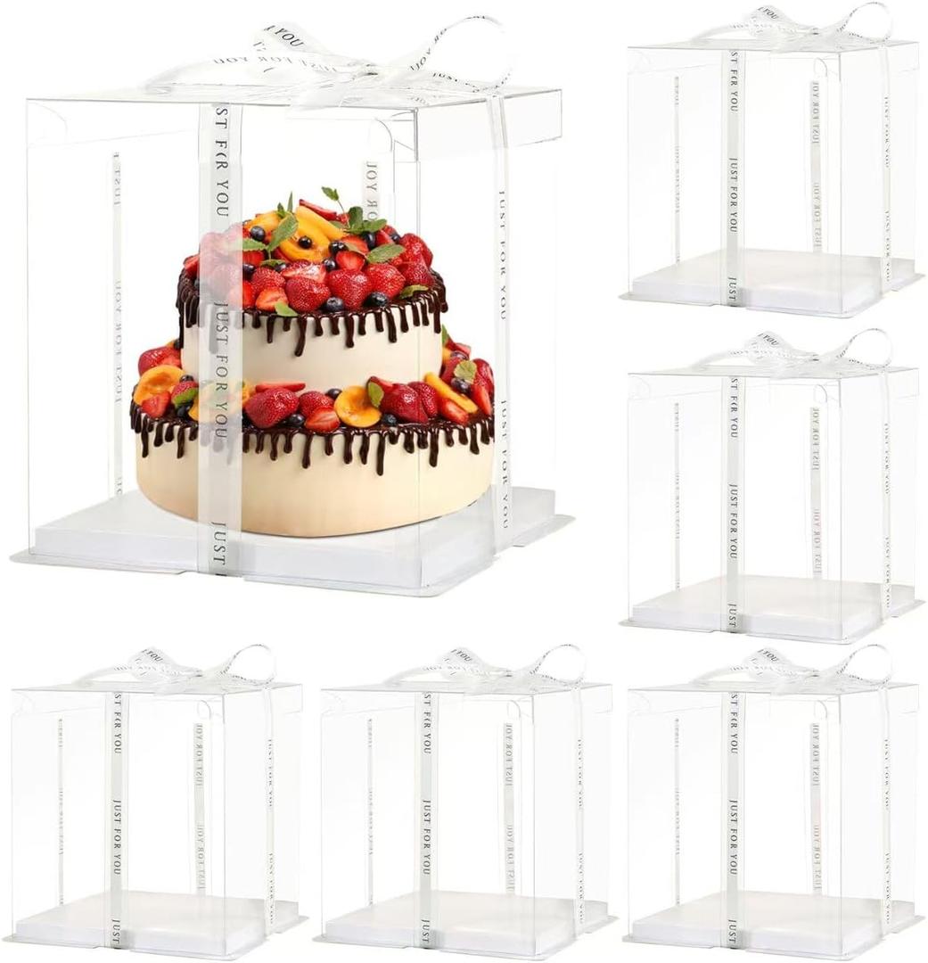 JCD 10inch Large Transparent Cake Box,6 Pcs Clear Cake Boxes with Ribbon,10x10x9inch,Suitable for 8" or 9" cakes, Tall Cake Carrier for Display and Gift Packaging(Clear Lid, 10 * 10 * 9inch/6Pcs)