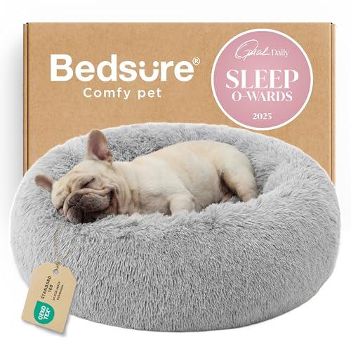 Bedsure Calming Dog Bed for Medium Dogs - Donut Washable Medium Pet Bed, 30 inches Anti-Slip Round Fluffy Plush Faux Fur Cat Bed, Fits up to 45 lbs Pets, Pale Grey, Size: 30"L x 30"W x 8"Th