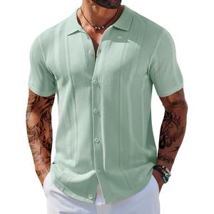 COOFANDY Men's Knit Short Sleeve Shirts Button Down Vintage Knitted Polo Shirt Casual Beach Crochet Cable Vacation Shirt Ice Green, Small