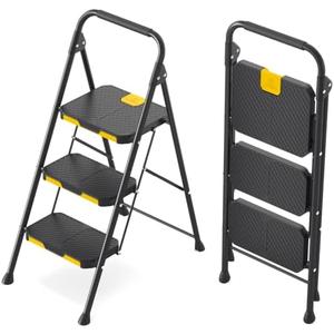 KINGRACK 3 Step Ladder, Sturdy Steel Step Stool with Safe-Lock Design, Handrail, Anti-Slip Wide Pedals, Pass 800lbs Load Testing, Folding Portable Ladder for Multi-Purpose, Home, Kitchen, Black - Amazon.com