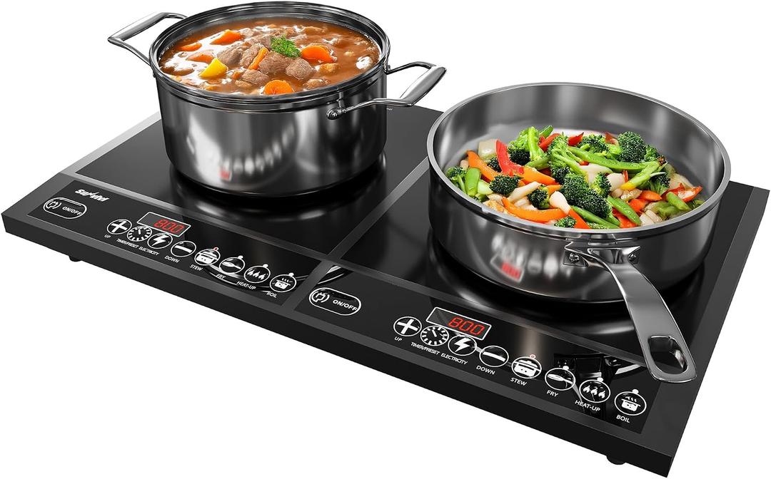 Sunvivi Portable Induction Cooktop: 2 Burners in 1, Commercial-Grade Electric Countertop Stove with LED Touchscreen, 8 Power Levels & Precise Temp Control (176°F-518°F), Independent Timer, Black