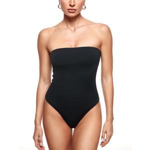 INLYRIC Women's Natrelax Sexy Strapless Bodysuit Thong Tube Top Off The Shoulder One Piece Leotard (Medium, Black)