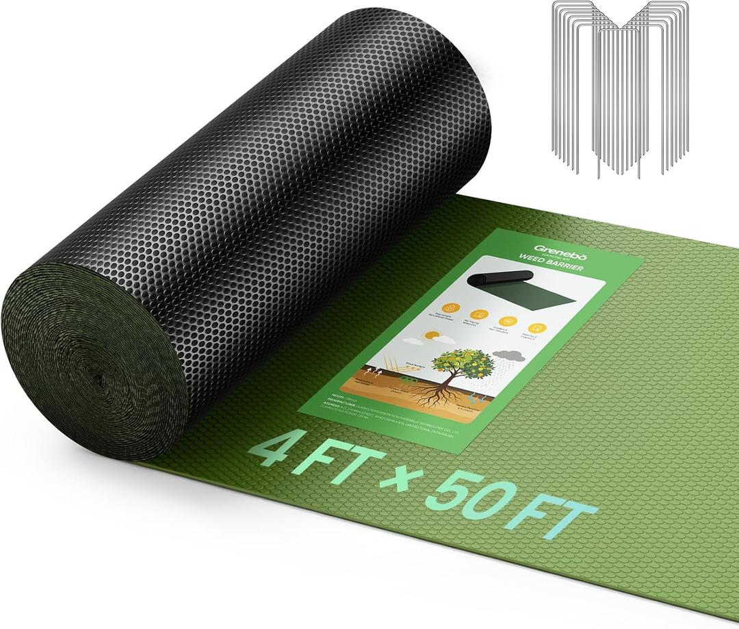 Grenebo Weed Barrier Fabric, 4FT x 50FT, Non-Woven Landscape Fabric, Easy to Cut & Fray-Resistant, Breathable & Permeable, Landscaping Fabric with 15 Stakes, for Gardens, Flower Beds, Vegetable Plots