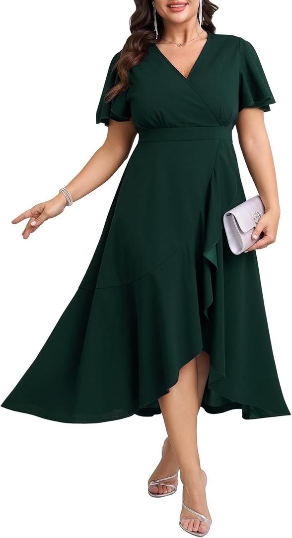 SCOMCHIC Plus Size Formal Dresses for Women Wedding Guest V Neck Wrap Ruffle Split Cocktail Party Evening Gowns Dress XX-Large Plus, Emerald Green 