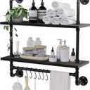 ROGMARS Industrial Pipe Bathroom Shelves Shelving,24" Black Floating Shelves for Bathroom with Towel Bar Hooks,Kitchen Wall Mounted Shelves Coffee Bar Shelf for Living Room Bedroom, 24 inch 2 tier