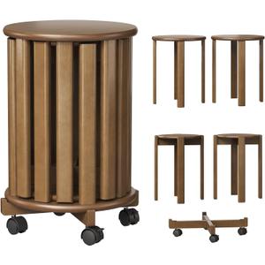 Stackable Stools Set of 4, 4in1 Bamboo Nesting Stools & End Tables with Wheels, 18 Round Portable Barstools NoAssembly Stool for Kitchen Living Room Bar Dorm, Walnut