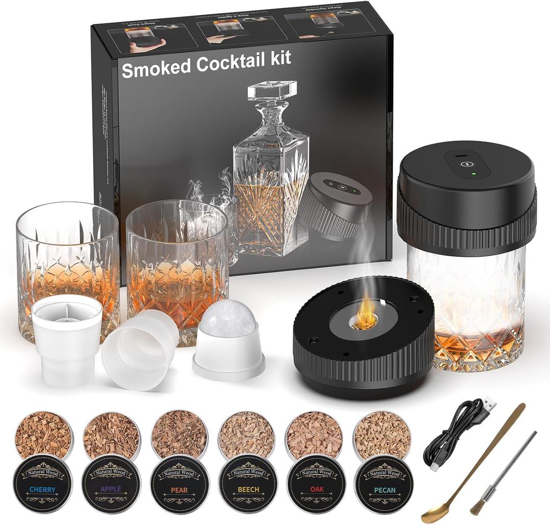 Electric Cocktail Smoker Kit Built-in Lighter, Rechargeable Whiskey Smoker Kit with 2 Glasses & Molds, Old Fashioned Drink Smoker Kit, Bourbon Valentine's Day Gifts for Men, Dad,Husband