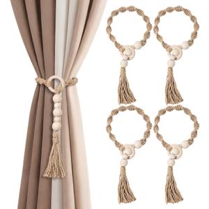 Macrame Curtain Tiebacks with Wooden Beads, Jute Rope Boho Holdbacks with Tassels, Natural Beige, 4-PCS (4)