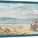 Seascape Wooden Framed Wall Art: Abstract Beach Chair Picture Coastal Seagull Print Blue Ocean Painting Large Textured Seaside Artwork for Bathroom 48"x24"