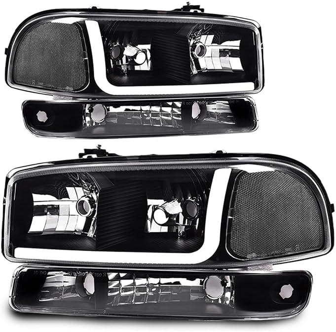 PIT66 LED DRL BAR Headlight Assembly Compatible with 1999-2007 GMC Sierra /1999-2004 Sierra 2500/99-06 GMC Yukon Headlamps Front Lights Accessories