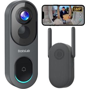 BOTSLAB 5MP Wireless Video Doorbell Camera,180 Head-to-Toe View, AI Motion Detection, VR Mode, Battery or Wired Powered, Easy Installation, Weatherproof, No Monthly Fee, 2.4GHz WiFi (Dark Grey)
