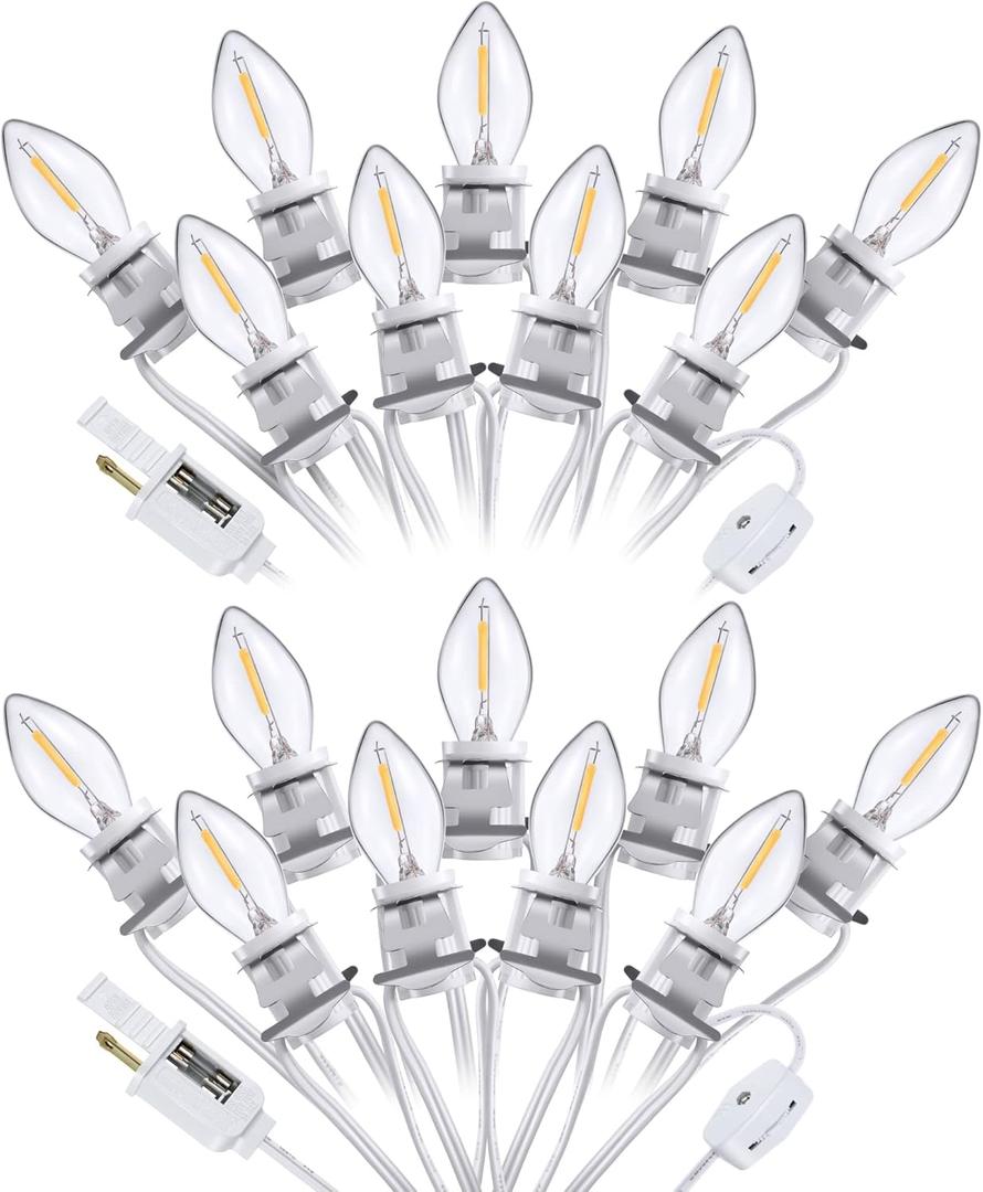 Meonum 2 Pack Accessory Cord with 18 LED Light Bulb C7 Cord Clip Christmas Village Lights with Double Spare Fuse Blow Mold String Lights Decoration for Xmas Village House Pumpkin Crafts