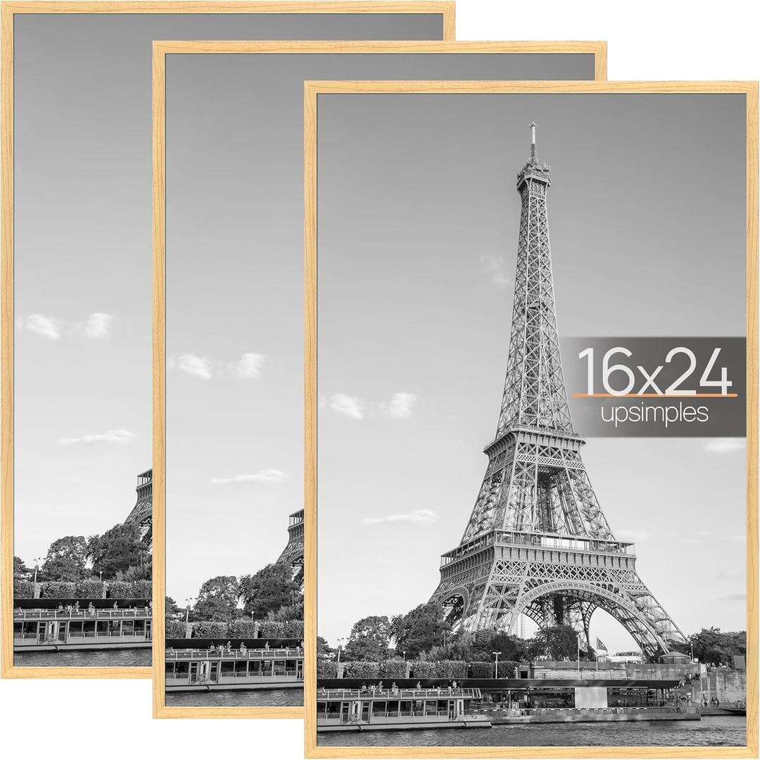 upsimples 16x24 Picture Frame Natural 3 Pack, Scratch-Proof Poster Frames 16 x 24 for Photo Gallery - Slide-In Strips, Horizontal or Vertical Wall Mounting