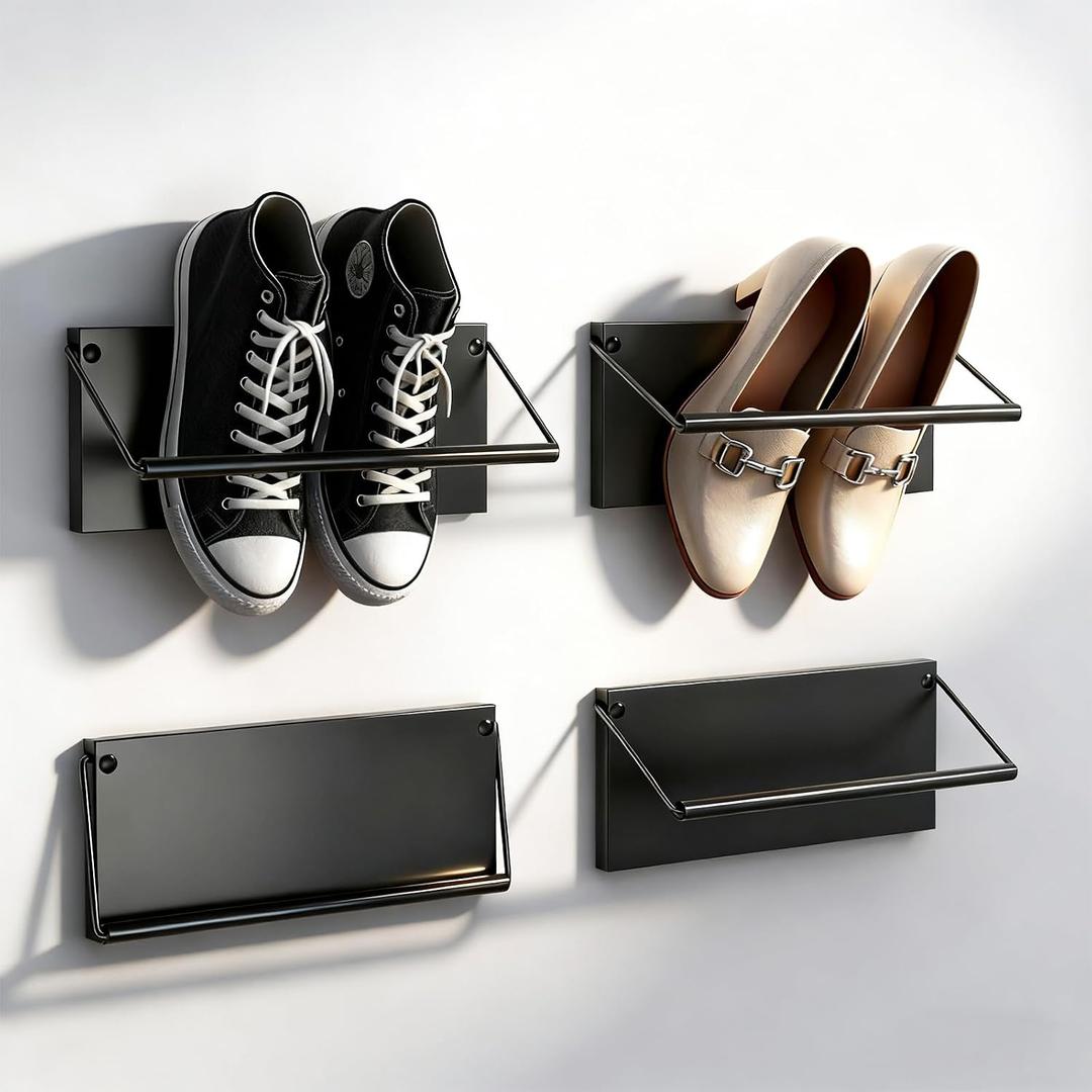 Foldable Wall Mounted Shoe Rack Set of 4, Metal Hanging Shoe Organizer, 12.5 Inch Wall-Mount Shoe Organizer, Efficient Holder and Storage Rack for Various Shoes, Small