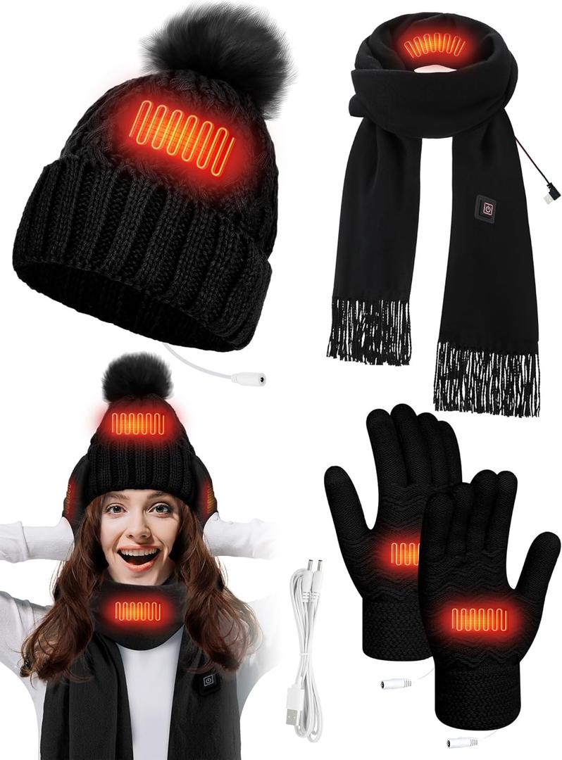3 Pcs USB Heated Hat Scarf Gloves Set for Men Women Warm Gift No Power Supply Included (Black)
