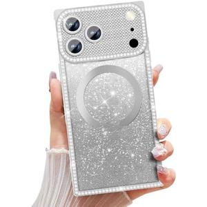 Misscase Magnetic Glitter Case for iPhone 17 Pro Max 6.9 Inch, Camera Protection, Compatible with MagSafe, Rectangle Cute Bling Sparkle Diamond Colorful Phone Cover, Drop-Tested & Shockproof-Silver