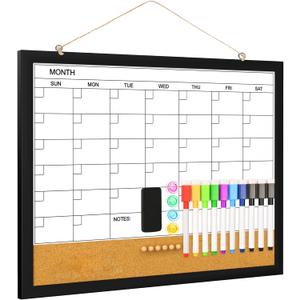 Monthly Whiteboard Calendar with Cork for Wall, 17" x 13" Double-Sided Dry Erase Board with Wooden Framed, Hanging Dry Erase Calendar for Home, Office, School (Black)
