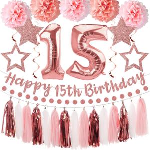 Kuxriox 13Pcs Birthday Decorations for Girls, Pink Rose Gold Happy Birthday Banner and Balloons, Glittery Bday Tissue Pompoms, Circle Dots Garland, Tassel Garland Party Supplies